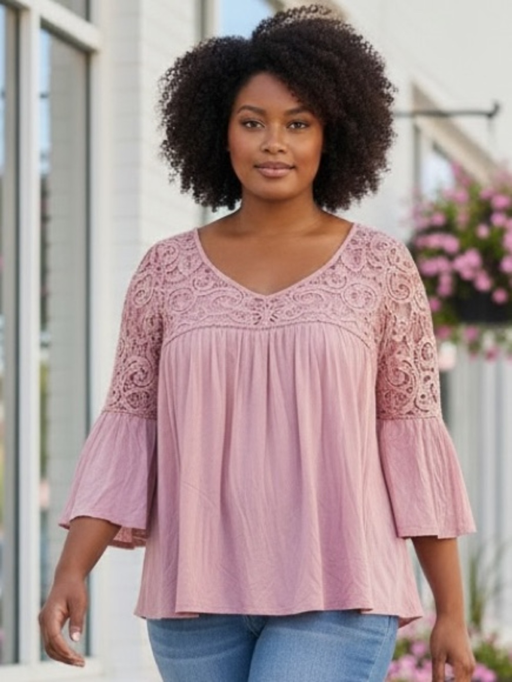 NEW easel Light Pink Lace Shoulder Bodice V Neck Bell Sleeve Comfy Top T-shirt - Picture 2 of 4